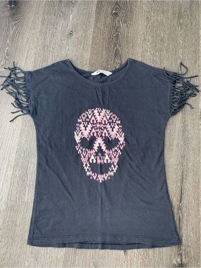 H&M Black Tee with Pink Aztec Skull and Fringe Sleeves Girls 10-12 years